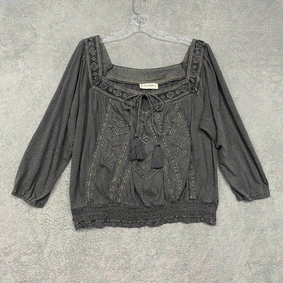 Lucky Brand Tops - Lucky Brand Top Womens XL Gray Embroidered Tassel Square Neck Boho Festival